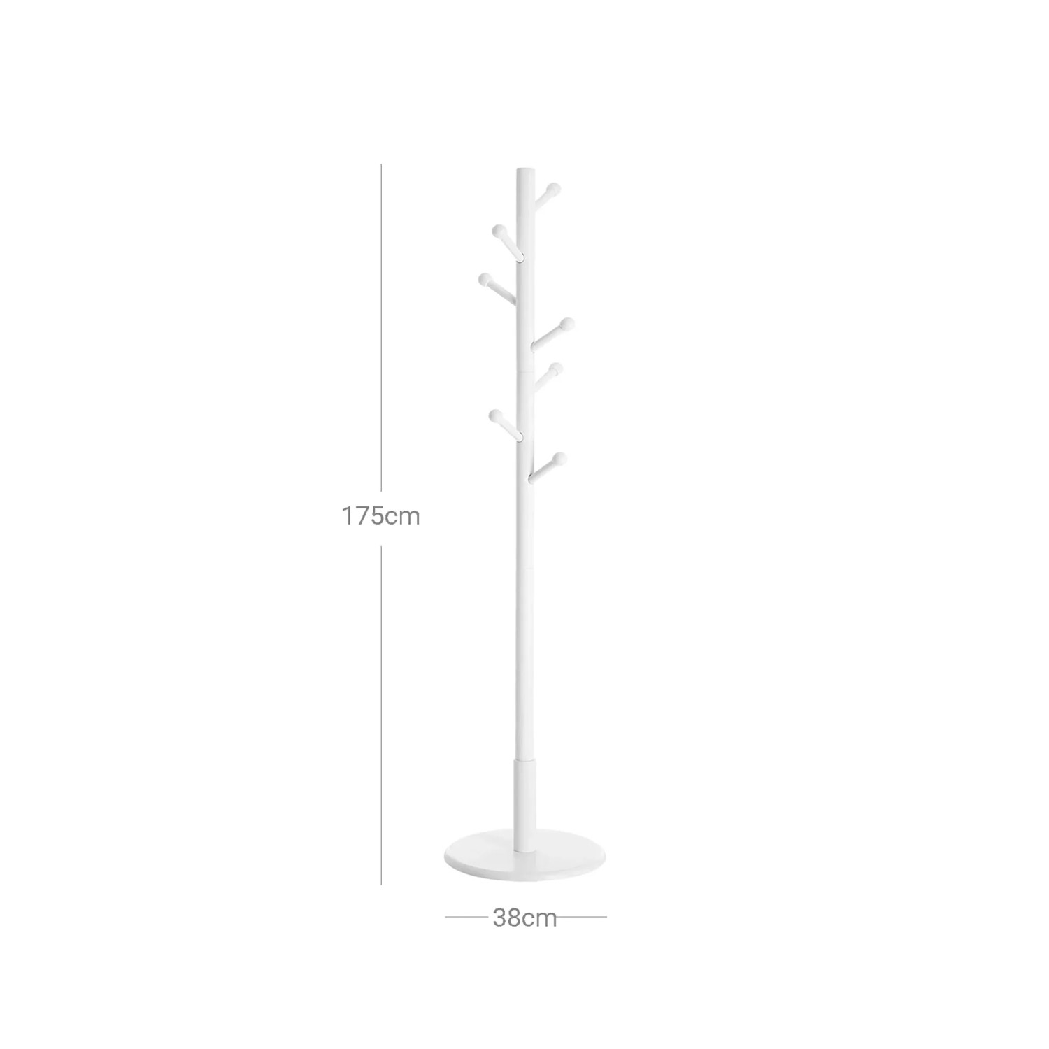 Weißer Vasagle Garderobenständer mit 7 Haken, Höhe 175 cm, Durchmesser 38 cm.