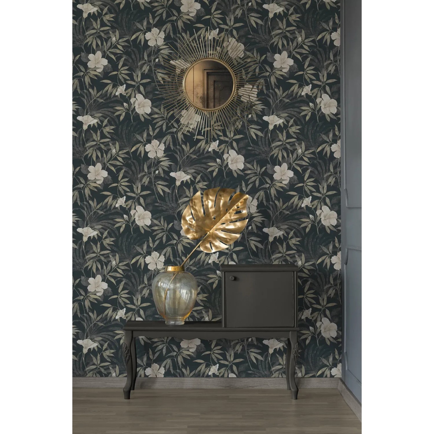 Vliestapete mit Blumen- und Dschungelmotiv in Braun und Grau. Dekorative Tapete mit leichter Struktur.