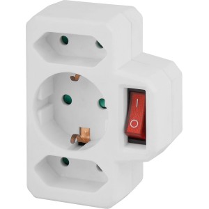 Weißer Übergangsstecker aus Kunststoff mit Schalter für den Innenbereich.