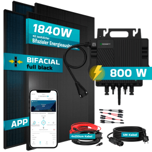 SUNNIVA Balkonkraftwerk 1840W mit 800W Wechselrichter, bifaziale Solarmodule, Fullblack Glas-Glas und 5m Kabel.