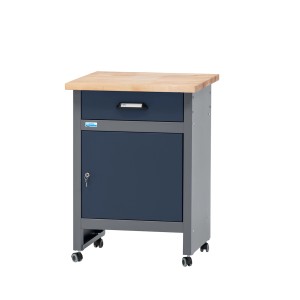 Küpper Werkbank mit Tür, Schublade und Rollen, dunkelblau. Mobile Werkbank mit Buchenholzplatte.