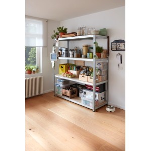 Verzinktes Metall-Schwerlastregal 180x160x60cm mit vier Böden, beladen mit Gegenständen.