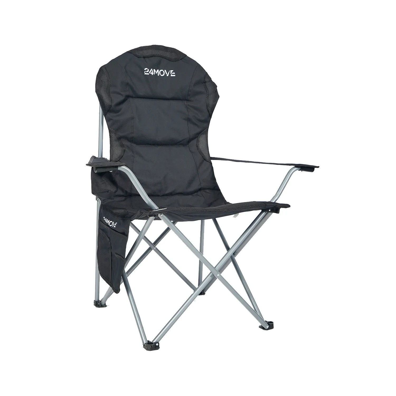 Faltbarer, schwarzer 24MOVE Campingstuhl mit Polsterung und Tragetasche, belastbar bis 150 kg.