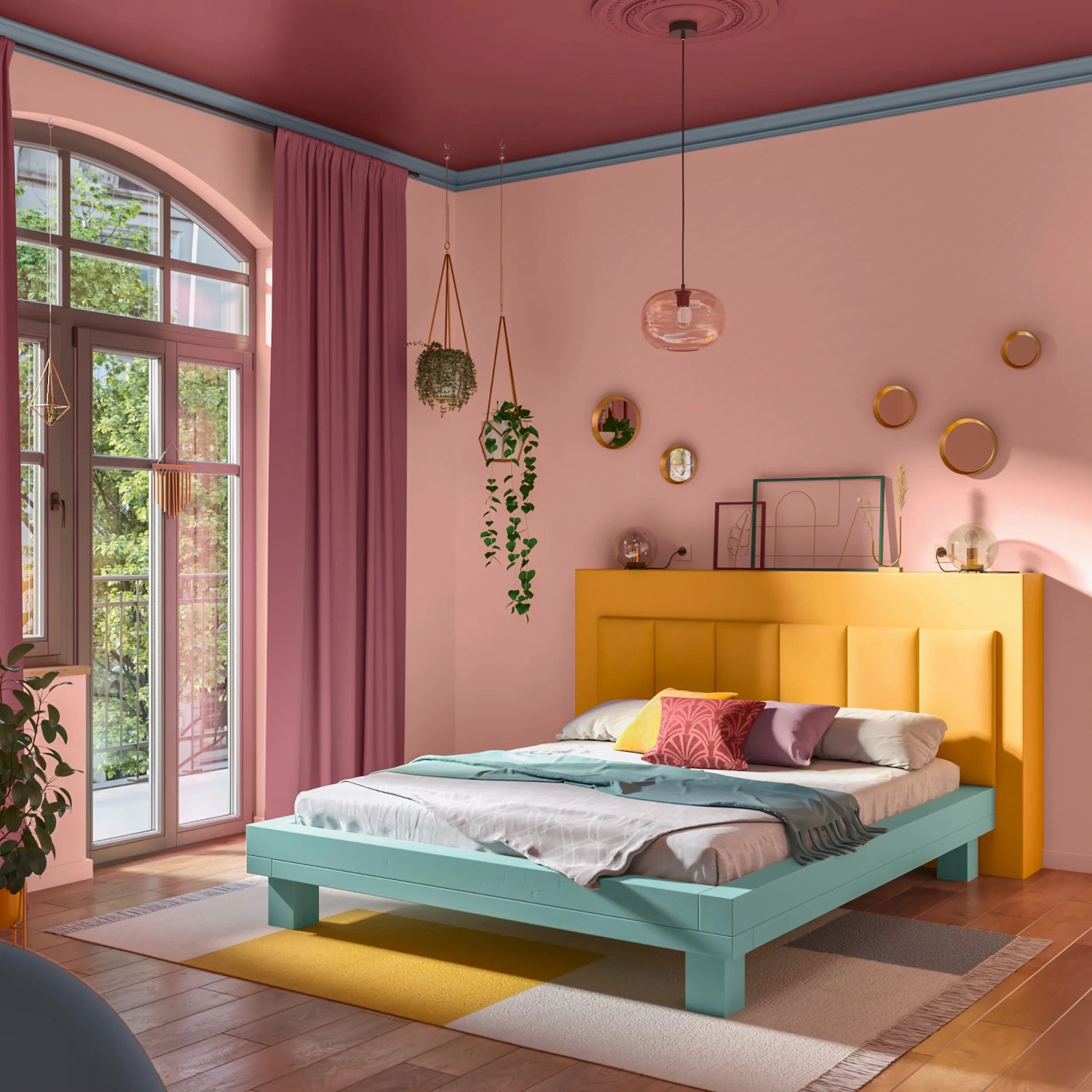 Schlafzimmer mit Bett, gestrichen mit CREATE! by OBI Buntlack Wilma Wasserblau.