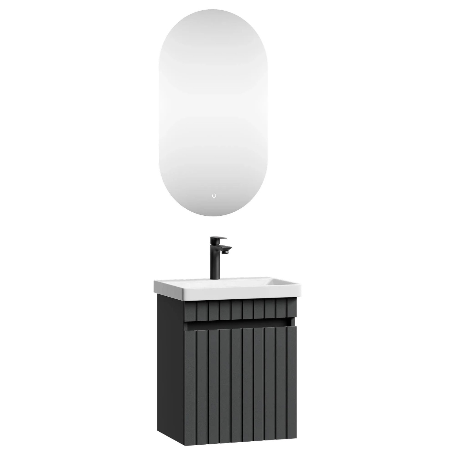 Planetmöbel COSMIA Waschtischunterschrank 50 cm Anthrazit Matt mit Keramikwaschbecken Tür LED Spiegel Armatur Matt Schwarz Soft Close