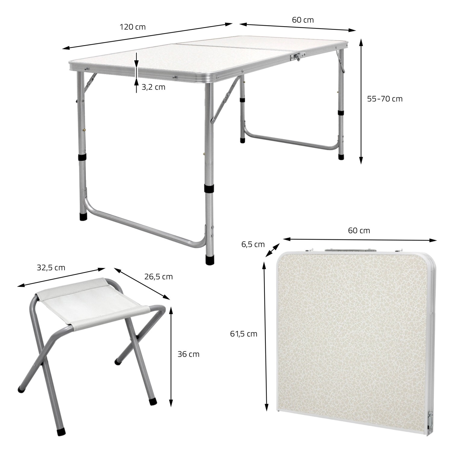 ECD Germany Campingtisch Set mit 4 Hocker 120x60x55/63/70 cm Klappbar