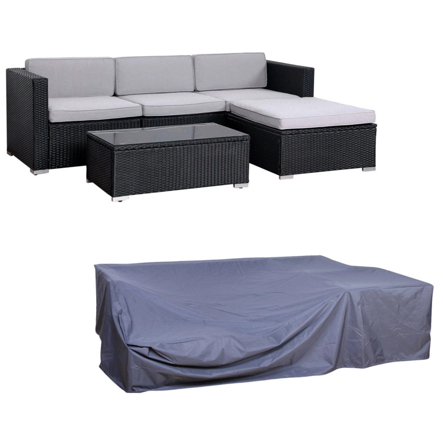 Svita California Garten-Lounge Set Mit Haube Polyrattan Gartenset Balkon-Set Rattan-Lounge Schwarz