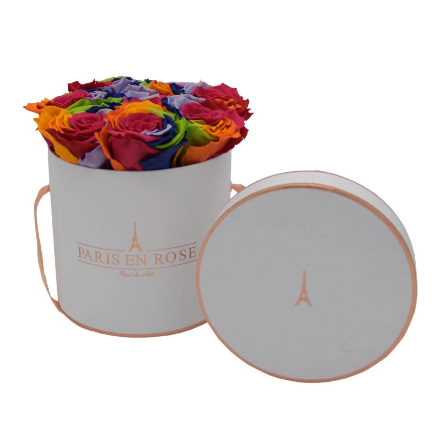 Rosenbox Ø 14,5 cm Weiß-Roségold mit 9 Rainbow Rosen