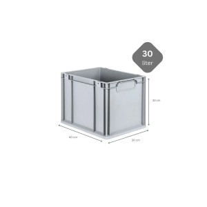 Graue PROREGAL Eurobox 30L mit Scharnierdeckel, geschlossen, 32x30x40cm.
