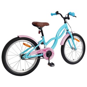 Himmelblaues 20 Zoll Kinderfahrrad für 6-11 Jährige mit rosa Details und braunem Sattel.