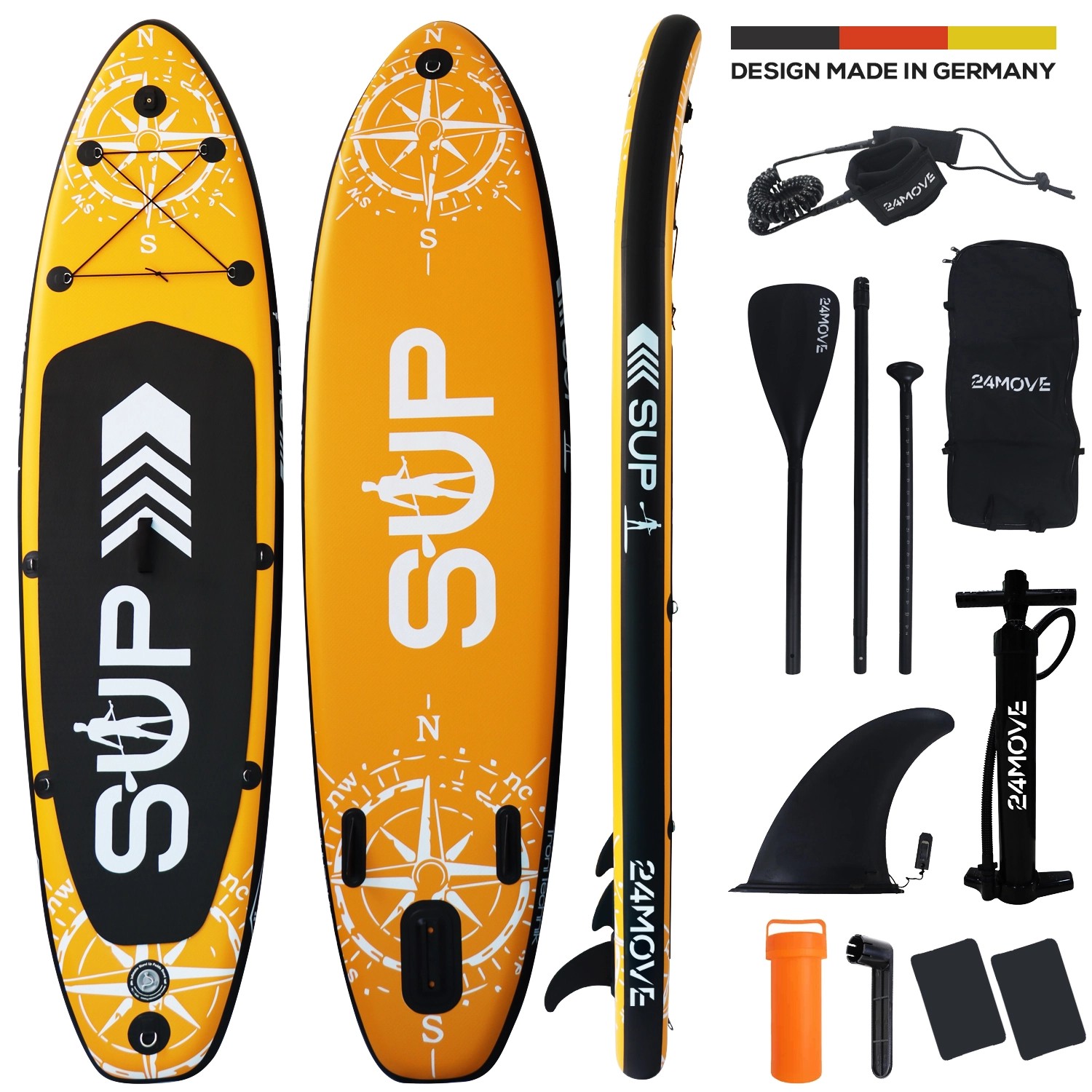 24MOVE Standup Paddle Board SUP- inkl. umfangreichem Zubehör - Orange - 366 x 80 x 15cm