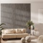 Wohnraum mit Akustikpaneel Laminat Betongrau, Filz Schwarz an der Wand. Skandinavisches Design.