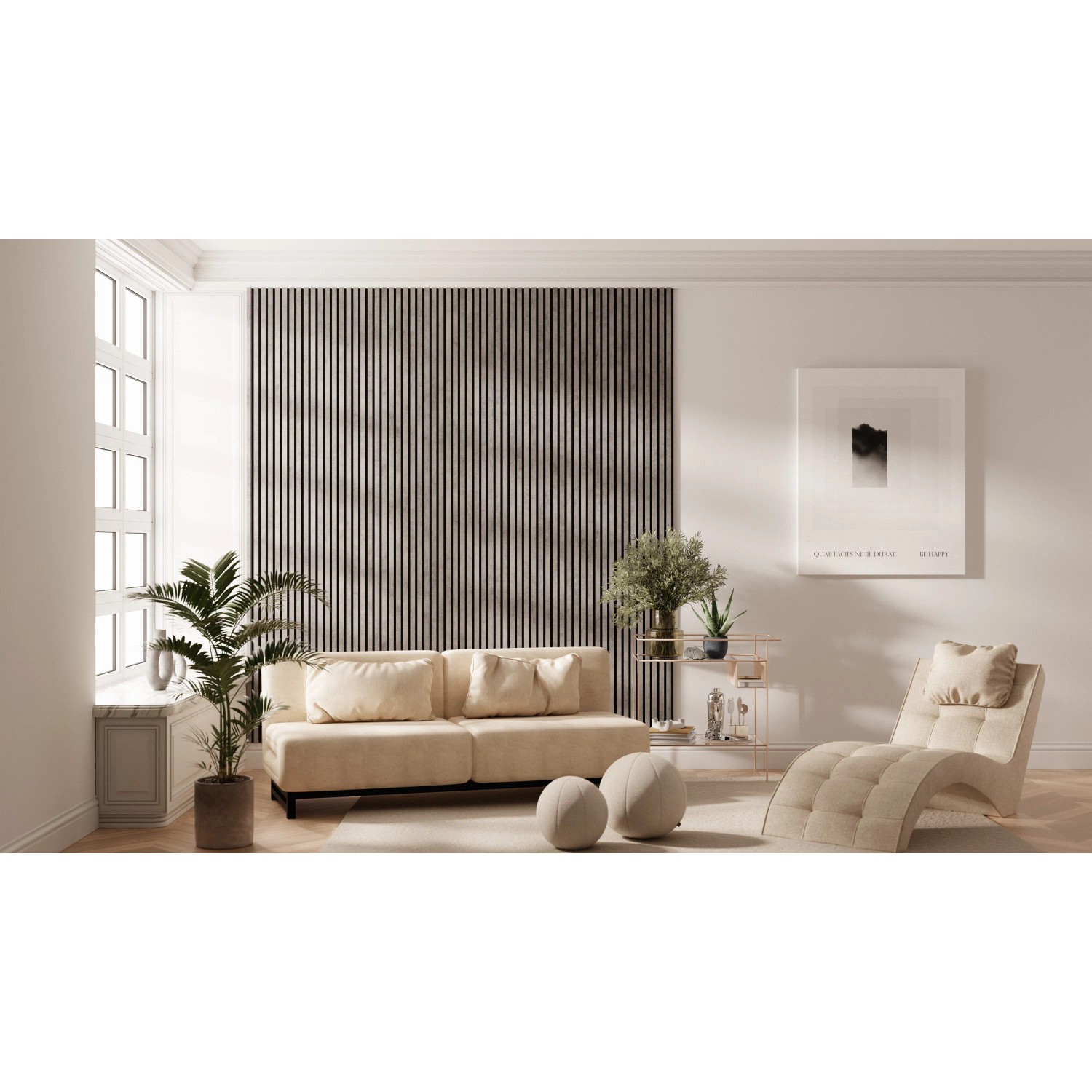 Wohnraum mit Akustikpaneel Laminat Betongrau, Filz Schwarz an der Wand. Skandinavisches Design.