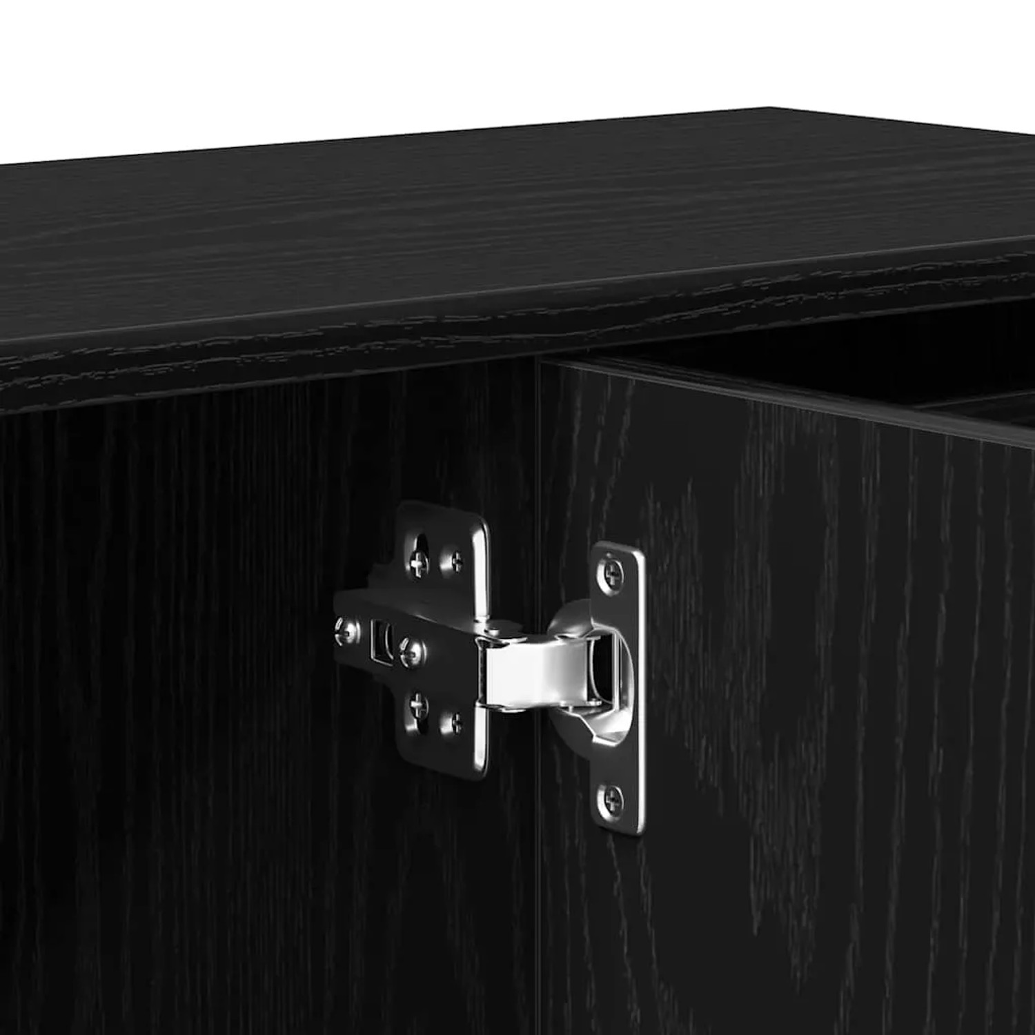 Detailaufnahme: Schwarze Eiche Sideboard mit Scharnier. Kommode aus Holzwerkstoff.