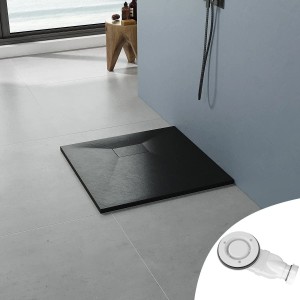 Quadratische, schwarze Aquabatos SMC Duschwanne 90x90 cm in Steinoptik mit Ablaufgarnitur.