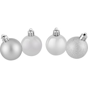 30-teiliges Weihnachtskugel-Set in Silber mit Glitzer, matten und glänzenden Oberflächen.