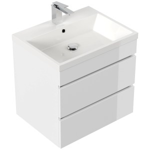 Posseik Badmöbel Fellini 60, weiß hochglanz, mit 3 Schubladen und Mineralgusswaschbecken.