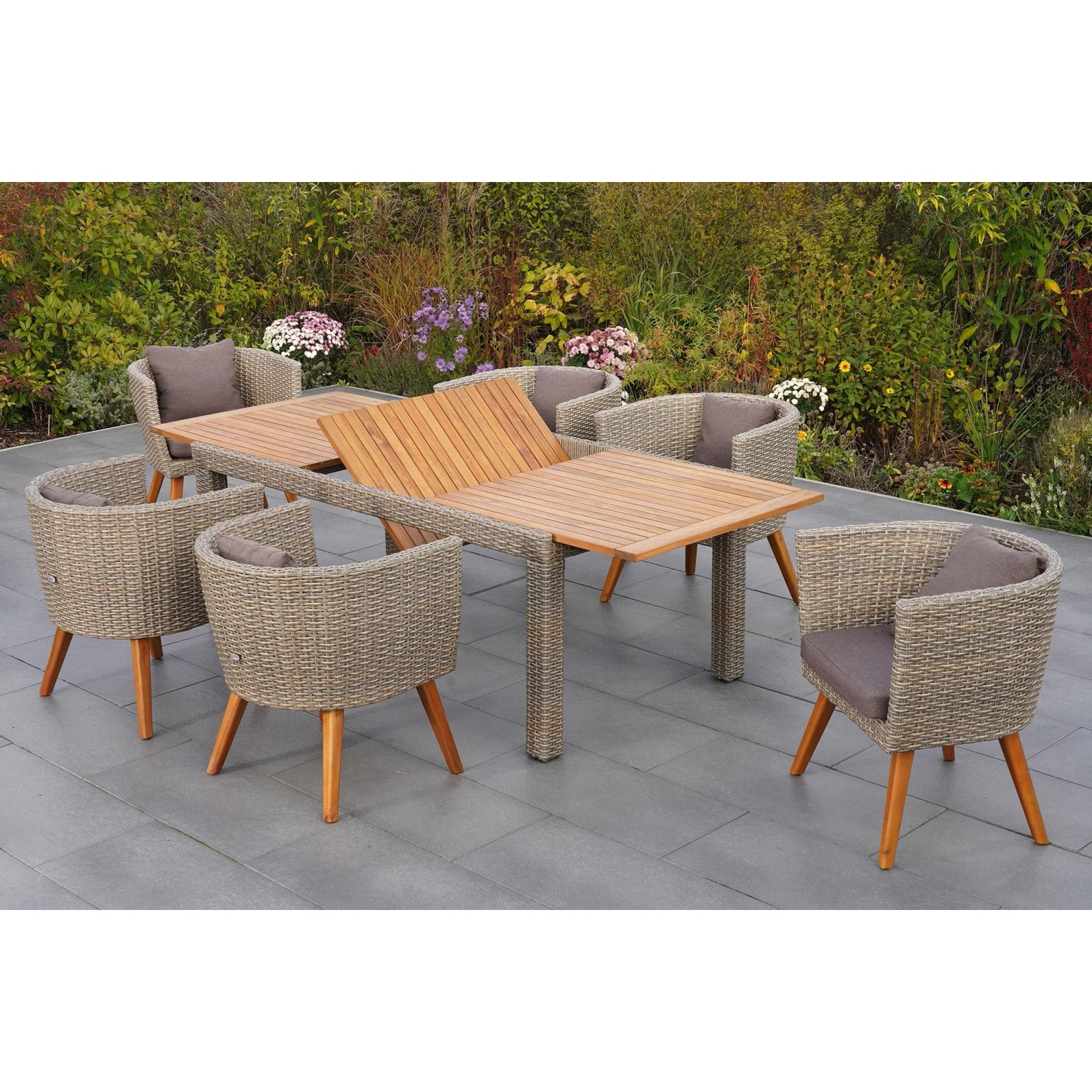 Merxx Gartenmöbelset Imperia, 7-teilig: Ausziehtisch und 6 Sessel mit Auflagen. Akazienholz und Kunststoffgeflecht.