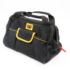 Schwarze Cat Werkzeugtasche (33 cm) mit gelben Akzenten und mehreren Fächern.