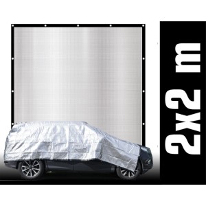 Silbernes AMANKA Aluminium Schattennetz 2x2m mit schwarzem Rand und Ösen, als Sonnenschutz für ein Auto.