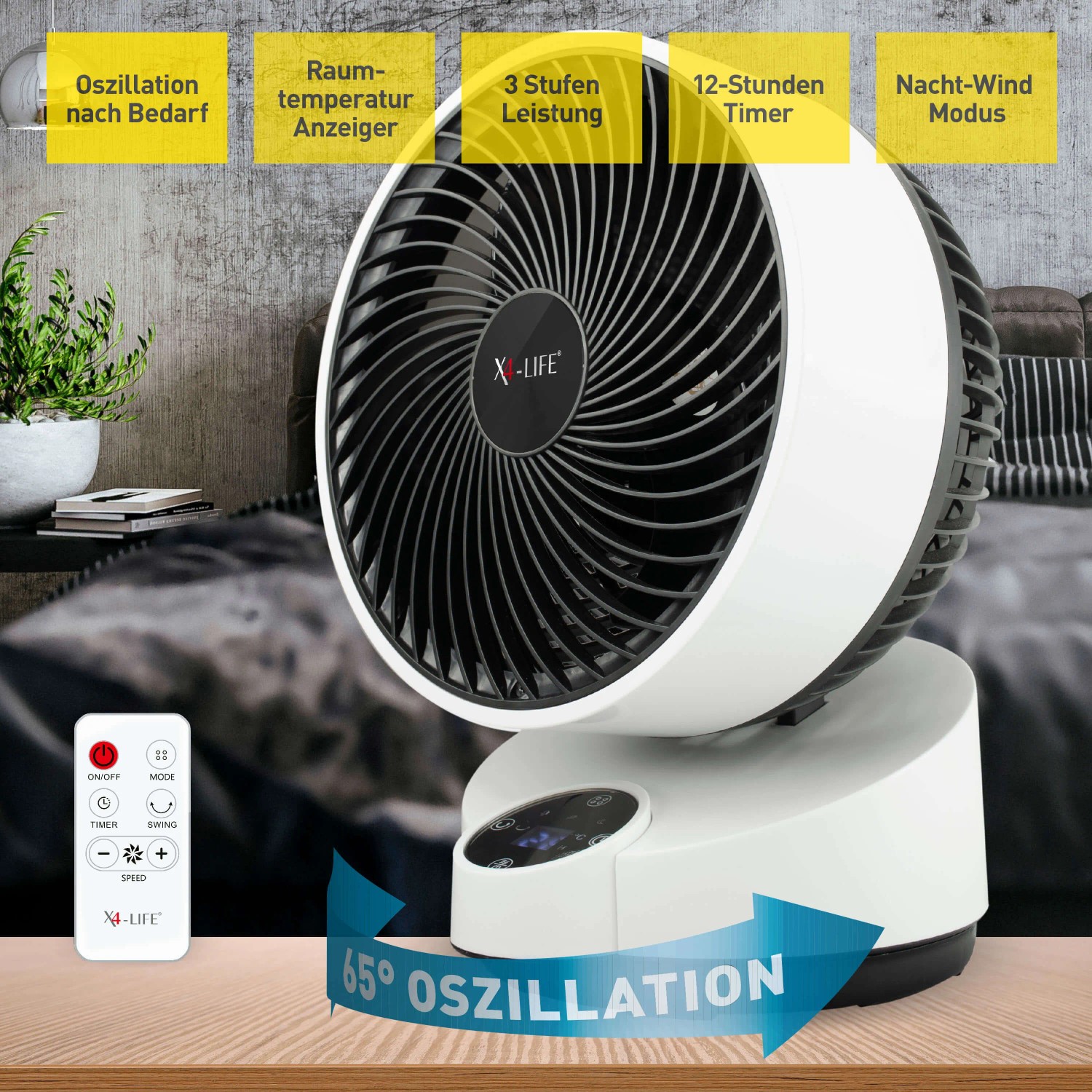 Weißer Vornado Tischventilator X4-Life Pinguin DX mit Oszillation und Fernbedienung.