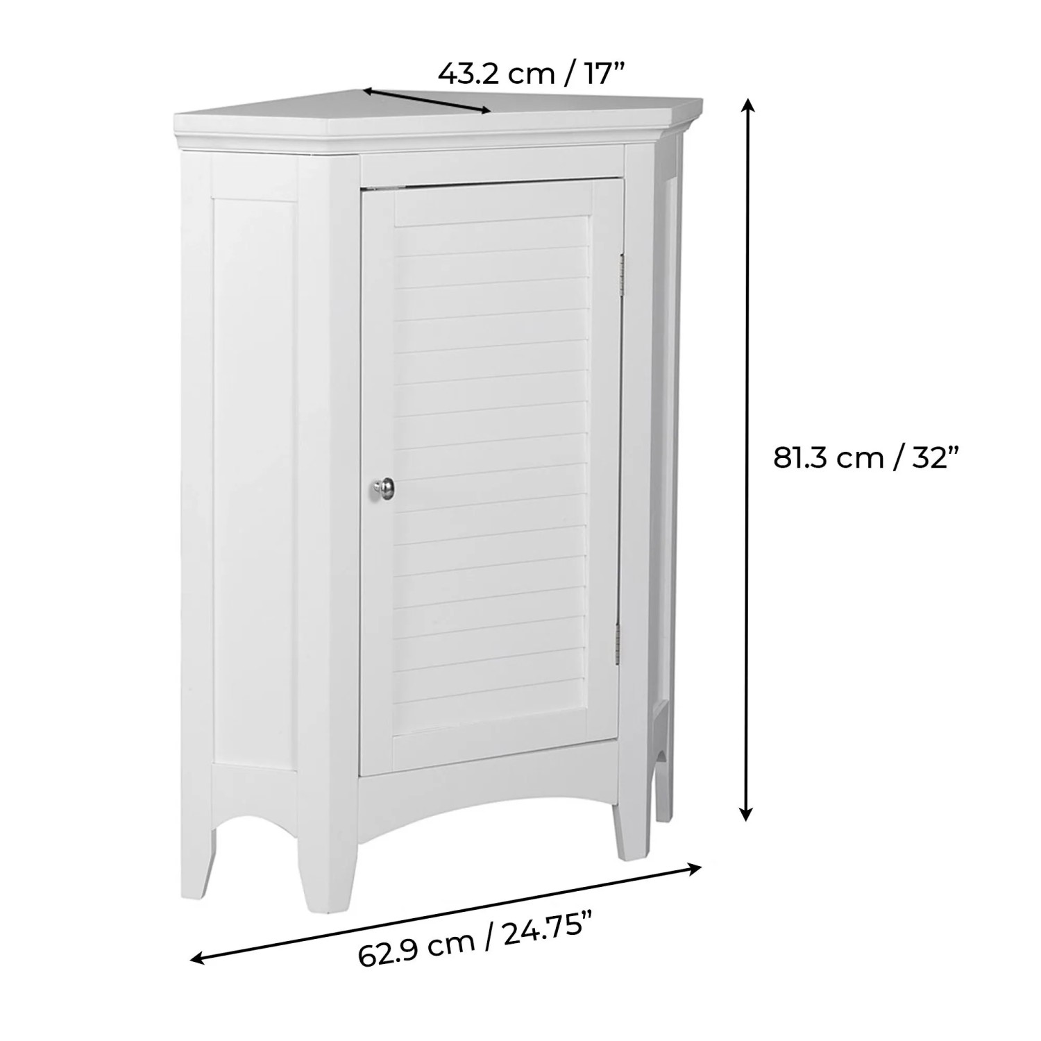 Weißer freistehender Eck-Badschrank aus Holz mit Lamellentür und Regalen, 81,3 cm hoch. Praktische Badmöbel.