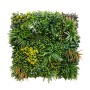 Dekorative Kunstpflanzenwand Spring Garden, 100x100 cm, mit realistischer Mischung aus grünen Blättern und Gräsern.