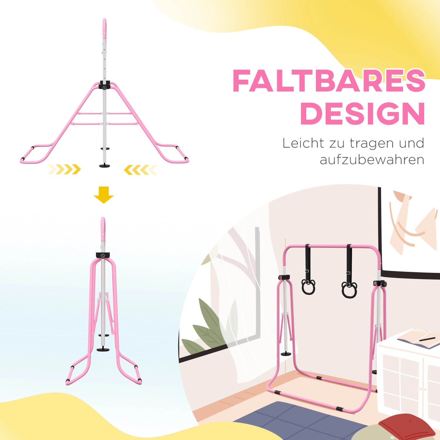 Rosa Kinderturnstange aus Stahl, faltbar und höhenverstellbar, für Sport und Fitness zu Hause.