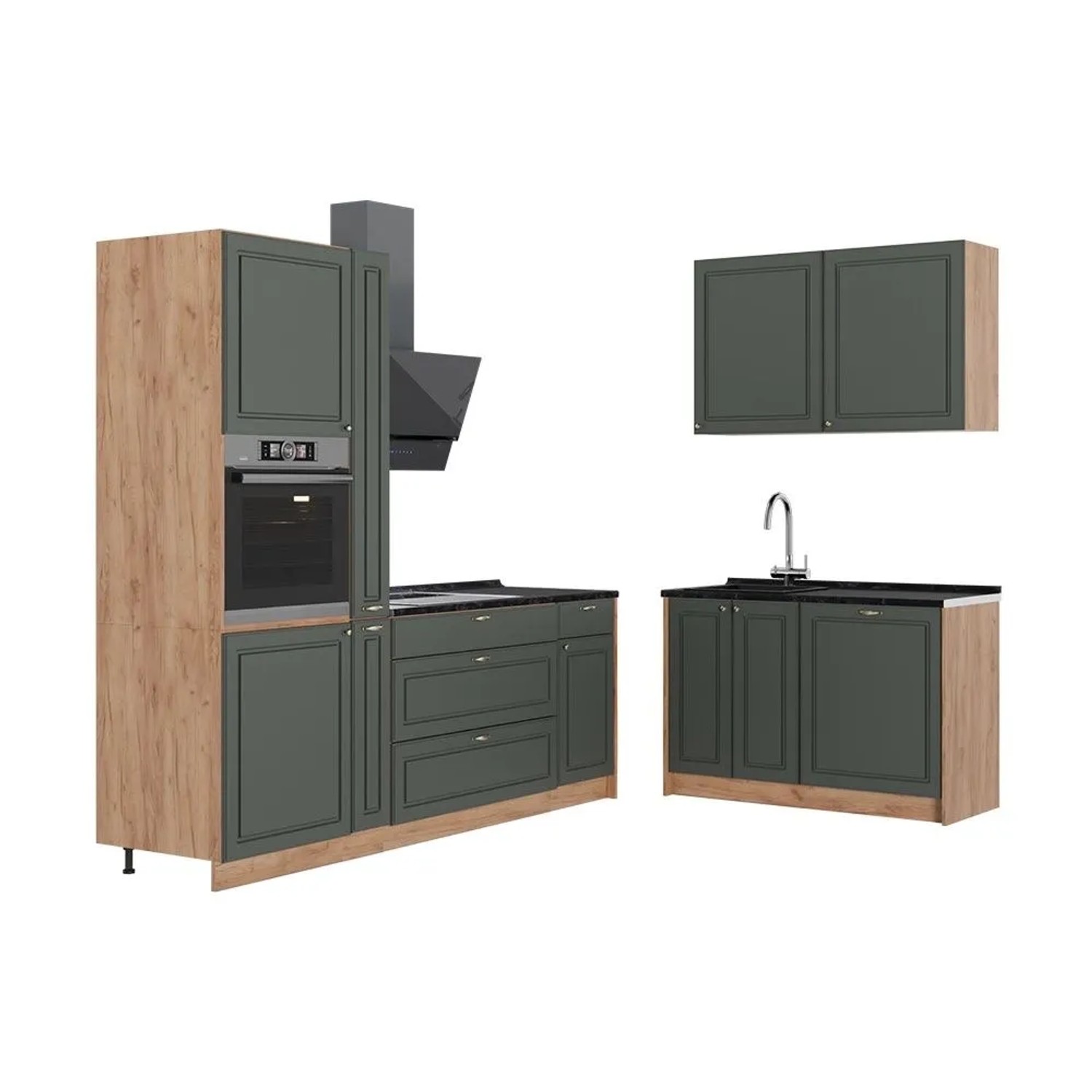 Vicco Küchenzeile Fame-Line Grün-Gold Landhaus/Goldkraft Eiche 220 x 207 AP Anthrazit Art Nr 64987