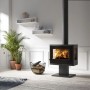 Schwarzer Panadero Loire 3V Kaminofen 5,9 kW im modernen Wohnraum mit Holzkorb.