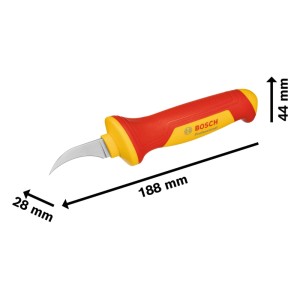 Bosch Abmantelungsmesser Pro VDE, 200mm, mit rot-gelbem Griff und gebogener Klinge.
