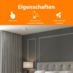 Smartwares Rauchmelder 3er-Set RM520/3 an Zimmerdecke, mit Testtaste, Batterieanzeige und Stummschaltfunktion.