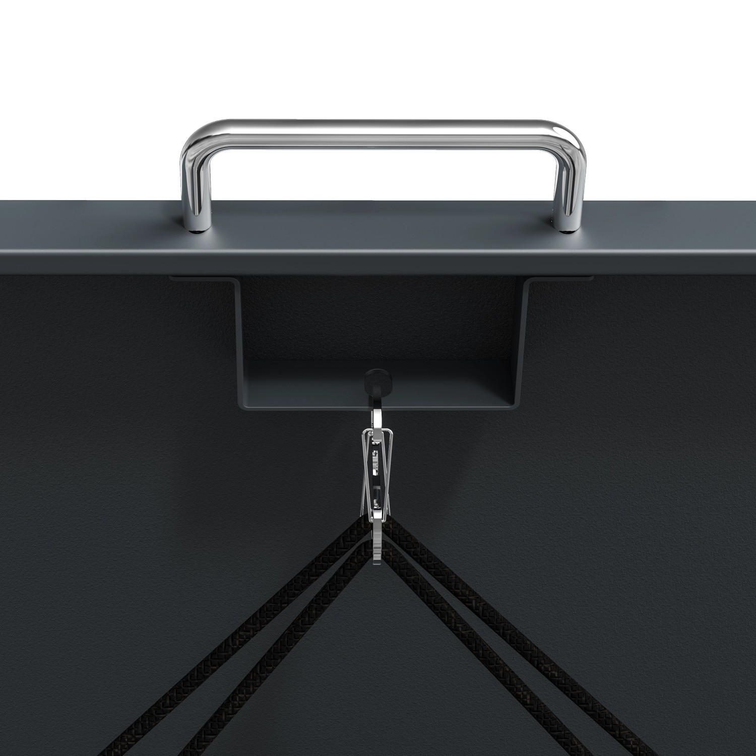 Detailaufnahme: Westmann Mülltonnenbox Lacina, anthrazitfarbener Stahlkorpus mit Griff und Aufhängung.