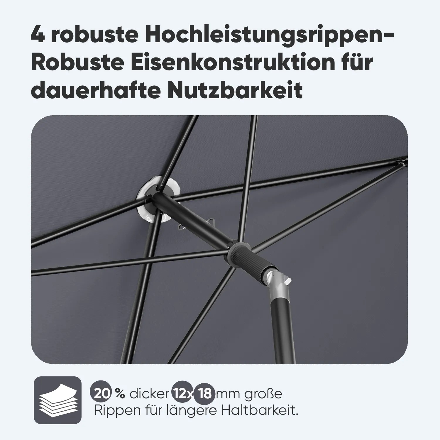 Detailaufnahme: Verstrebung des Sekey Sonnenschirms, robust und langlebig.