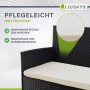 Detailaufnahme: Schwarzer Polyrattan Gartenstuhl mit cremeweißem, wasserabweisendem Sitzkissen.