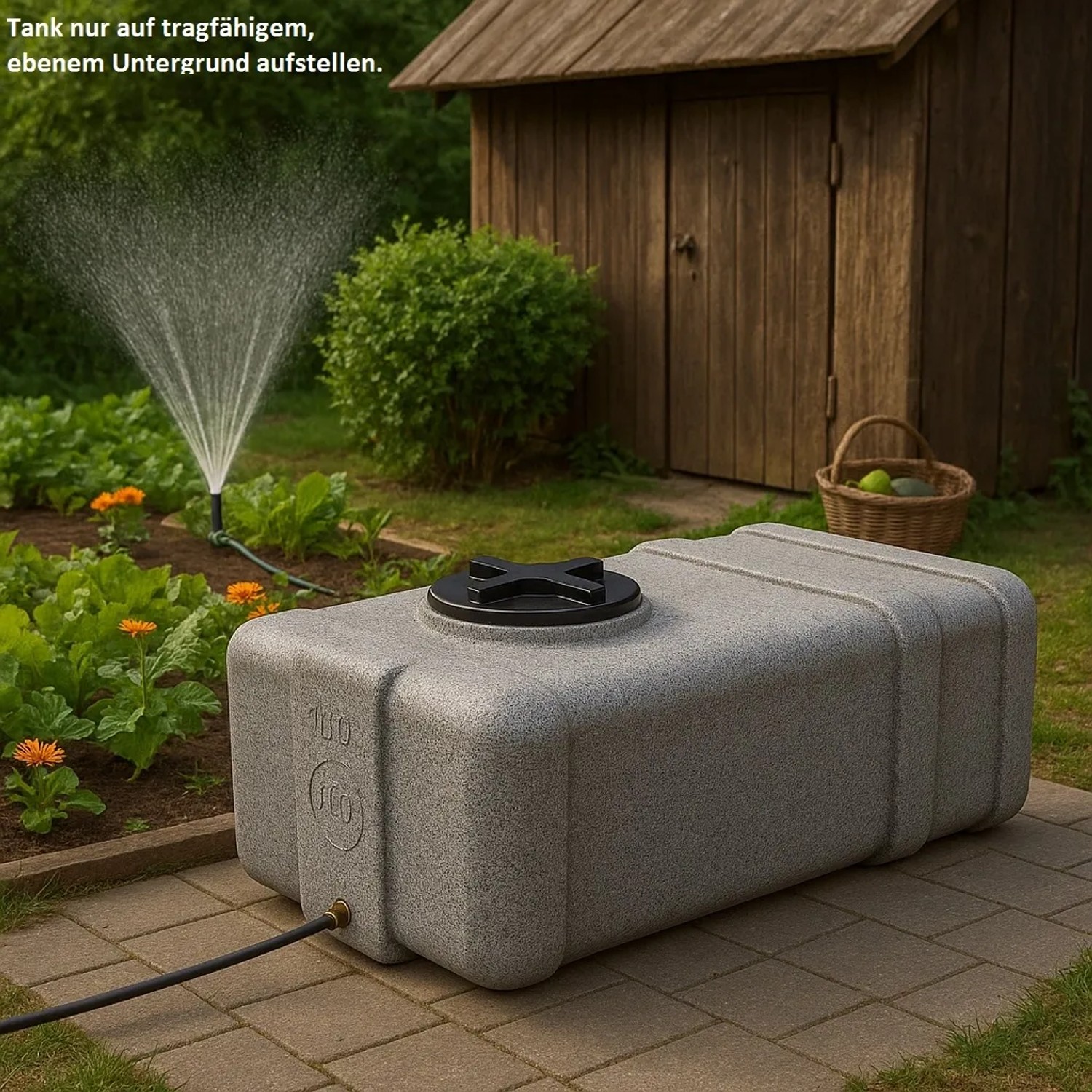 Grauer, rechteckiger KMND 100L Trinkwasser Wassertank mit schwarzem Deckel im Garten, angeschlossen an einen Rasensprenger.