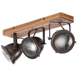 Brilliant Spot Carmen: 3-flammige Deckenleuchte aus Holz und Stahl in Burned Steel Optik.