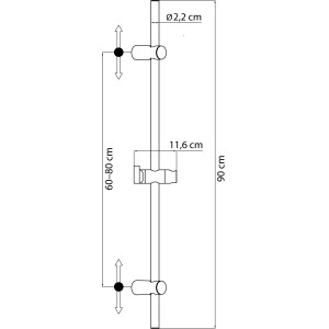 Technische Zeichnung der aquaSu Duschstange Taobo, 90 cm, Chrom, mit Maßen.