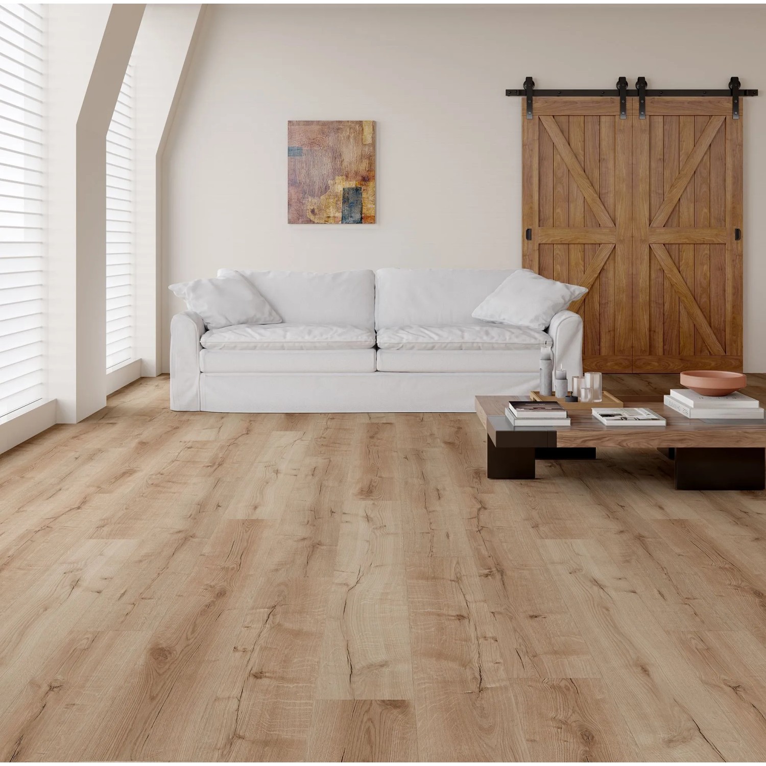 Verlegter Decoflooring Klick-Vinylboden Eiche Rimini im Wohnraum.