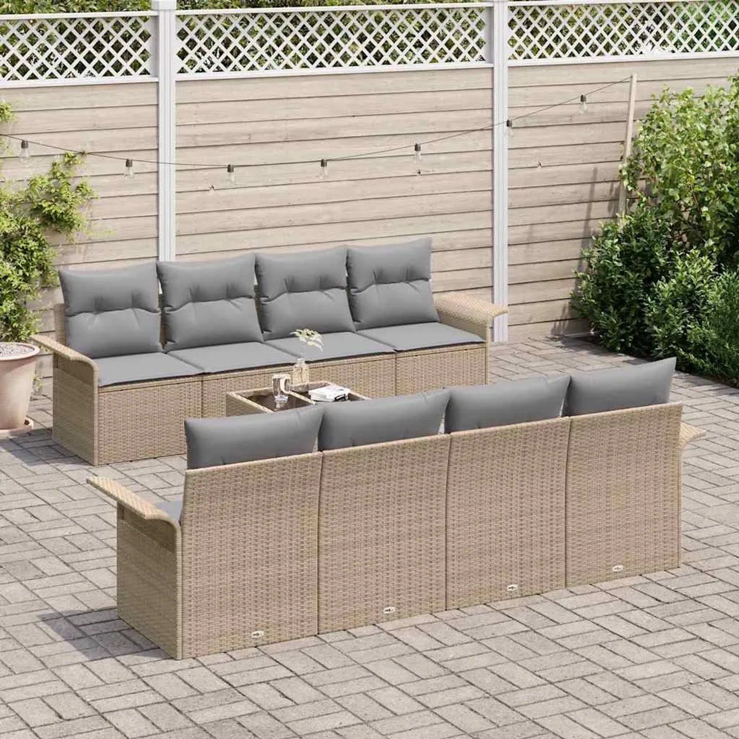 Beiges 9-teiliges Garten-Sofa-Set aus Poly Rattan mit Tisch für Terrasse und Garten.