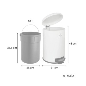 Weißer Svita 20L Treteimer mit offenem Deckel, grauem Inneneimer. Maße: 31x44 cm. Ideal für Küche, Bad, Büro.