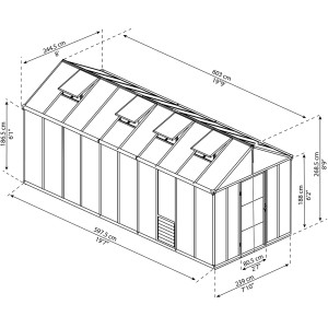 Technische Zeichnung: Palram Canopia Glory 6x2.5 Gewächshaus in Anthrazit mit Maßen.