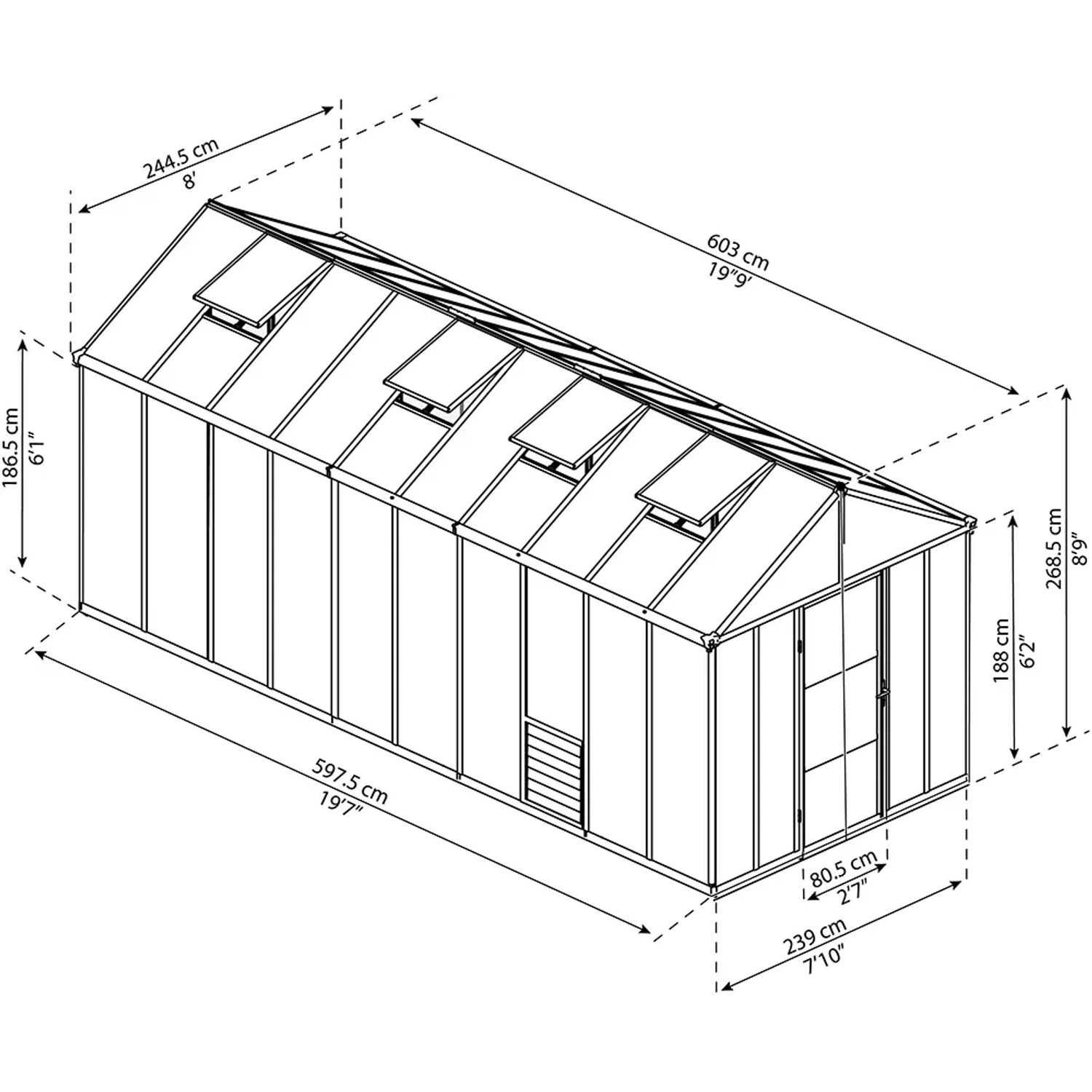 Technische Zeichnung: Palram Canopia Glory 6x2.5 Gewächshaus in Anthrazit mit Maßen.