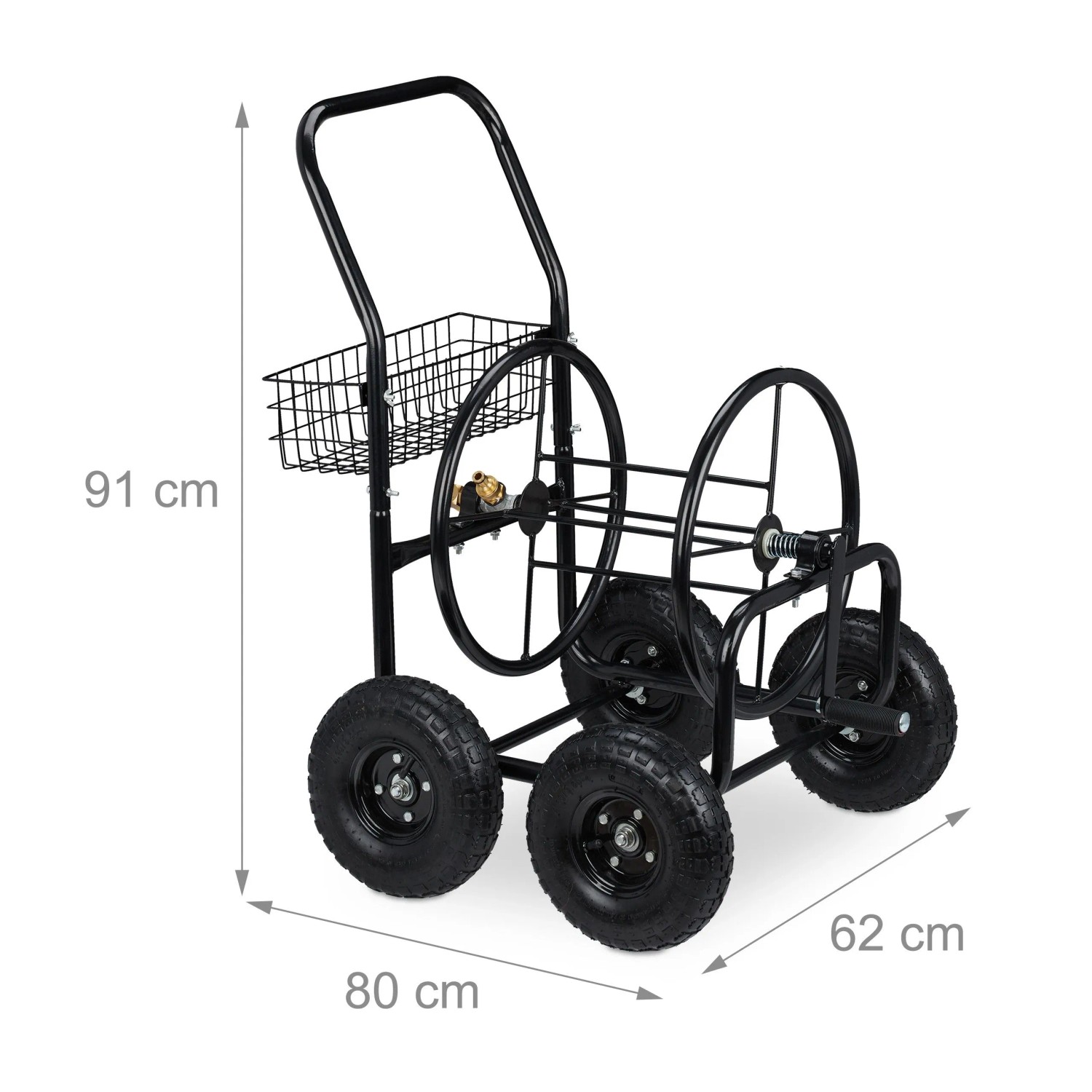 Schwarzer Metall Schlauchwagen mit 4 Lufträdern, Handkurbel und Korb. Ideal für Gartenschläuche.