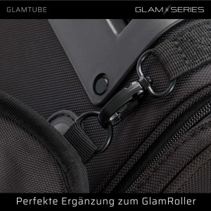Schwarzer Karabinerclip befestigt GlamTube Pinselhalter an GlamRoller. Mobiler Make-up Organizer.