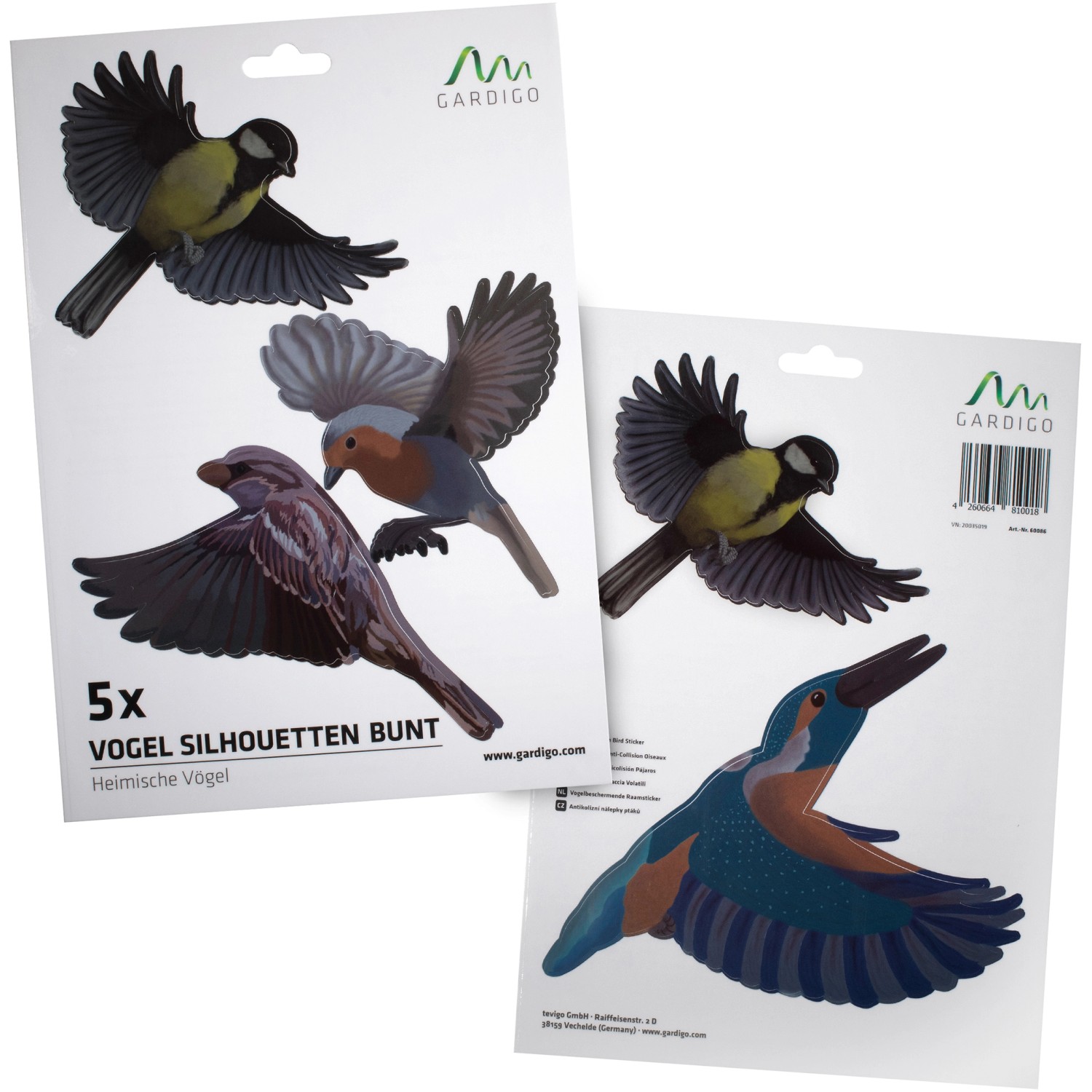 Gardigo Vogel Silhouetten Heimische Vögel, 5er Set, bunte Fensteraufkleber zur Vogelabwehr.