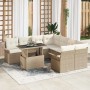 Beiges 9-teiliges vidaXL Garten-Sofa-Set aus Poly Rattan mit Tisch und Kissen.