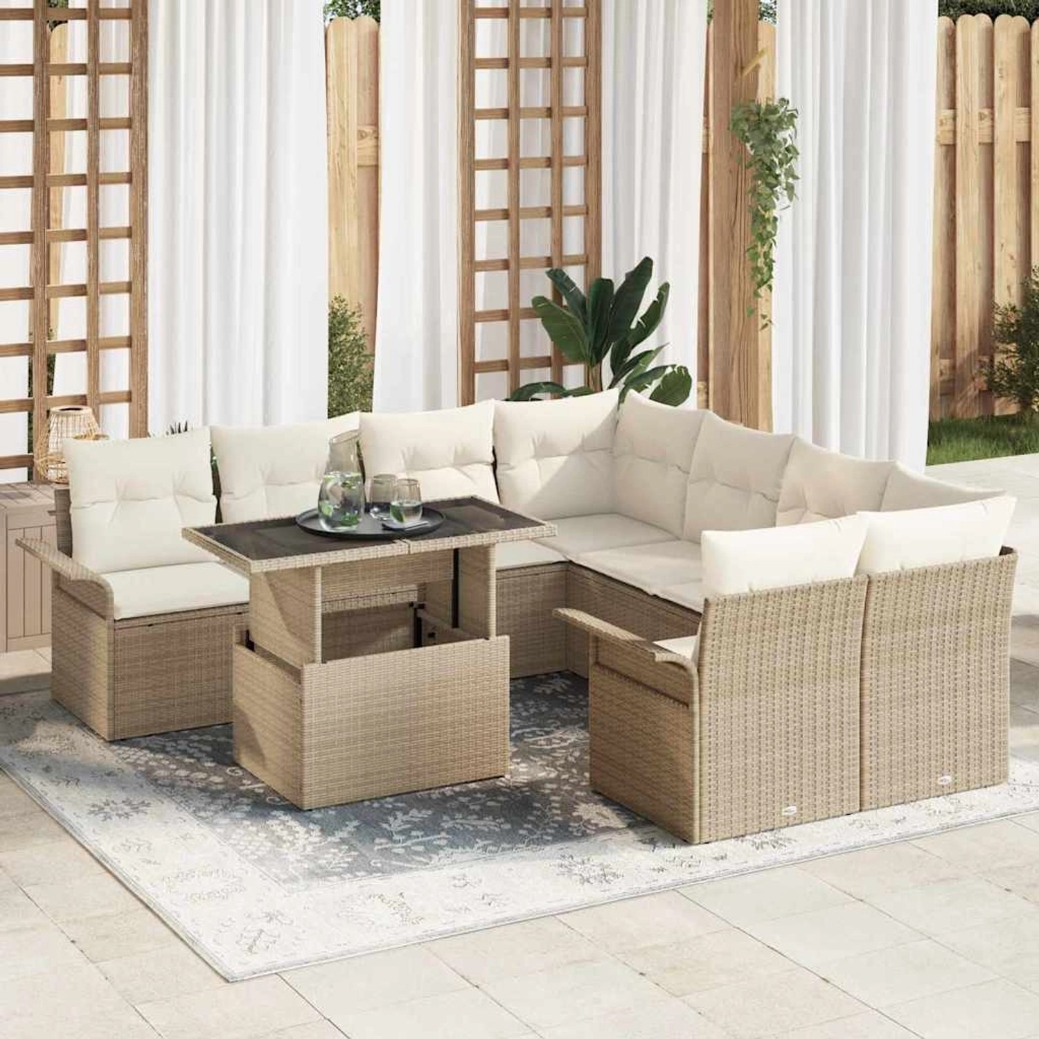 Beiges 9-teiliges vidaXL Garten-Sofa-Set aus Poly Rattan mit Tisch und Kissen.