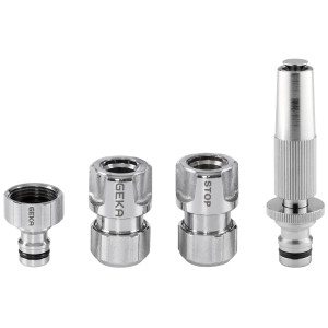 Geka Schlauchbox K15 Zubehör: Düse, Schlauchverbinder und Hahnanschluss aus Metall.