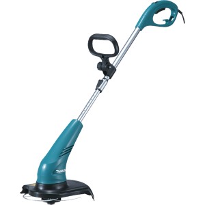 Makita Elektro-Trimmer UR3000: Kompakter Rasentrimmer in Türkis/Silber mit Kantenschutz.